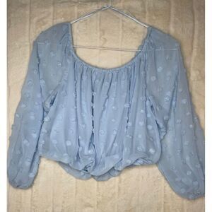 Trixxi Blouse Womens XS Blue Swiss Dot Off The Shoulder‎ Long Sleeve Elasticized